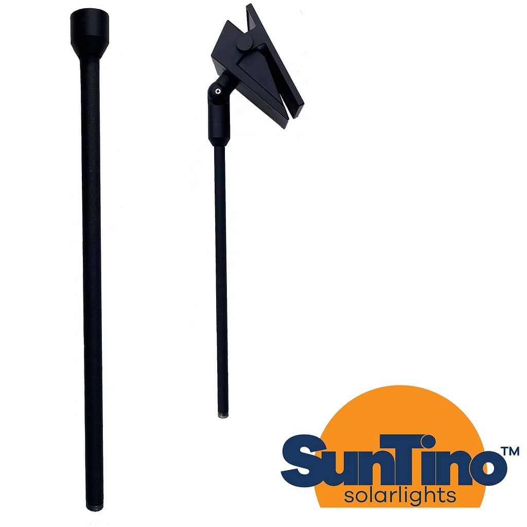 A black pole with the SOLAR FLOOD- Ground Stake logo on it, providing outdoor solar lighting.