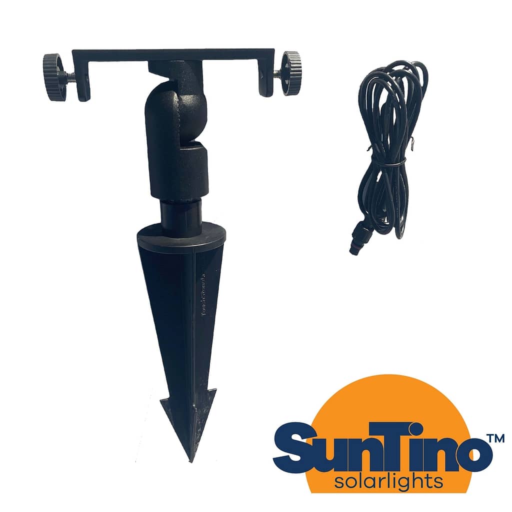 A premium SOLAR FLOOD- Ground Stake lighting accessory, featuring a suntino stake with a cord attached to it.