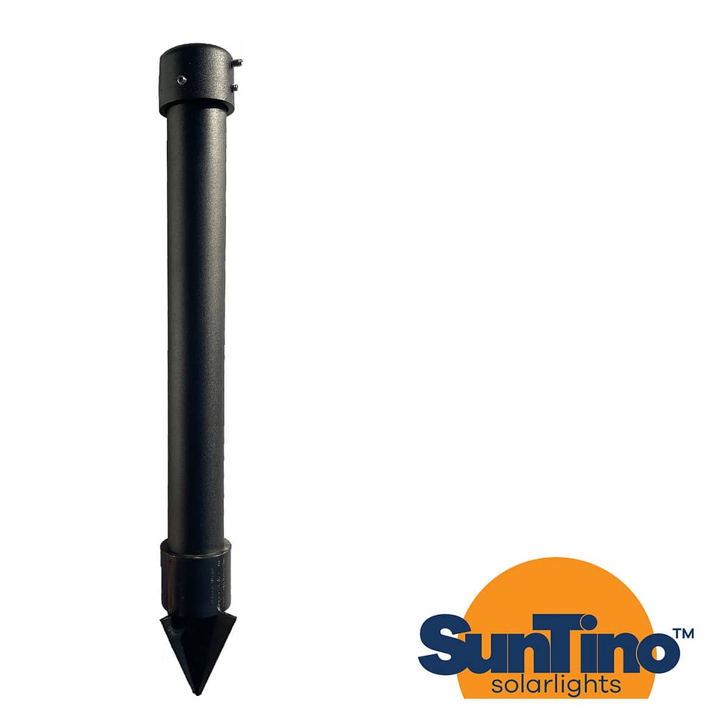A black pole with the word suntro on it, featuring premium solar lighting.