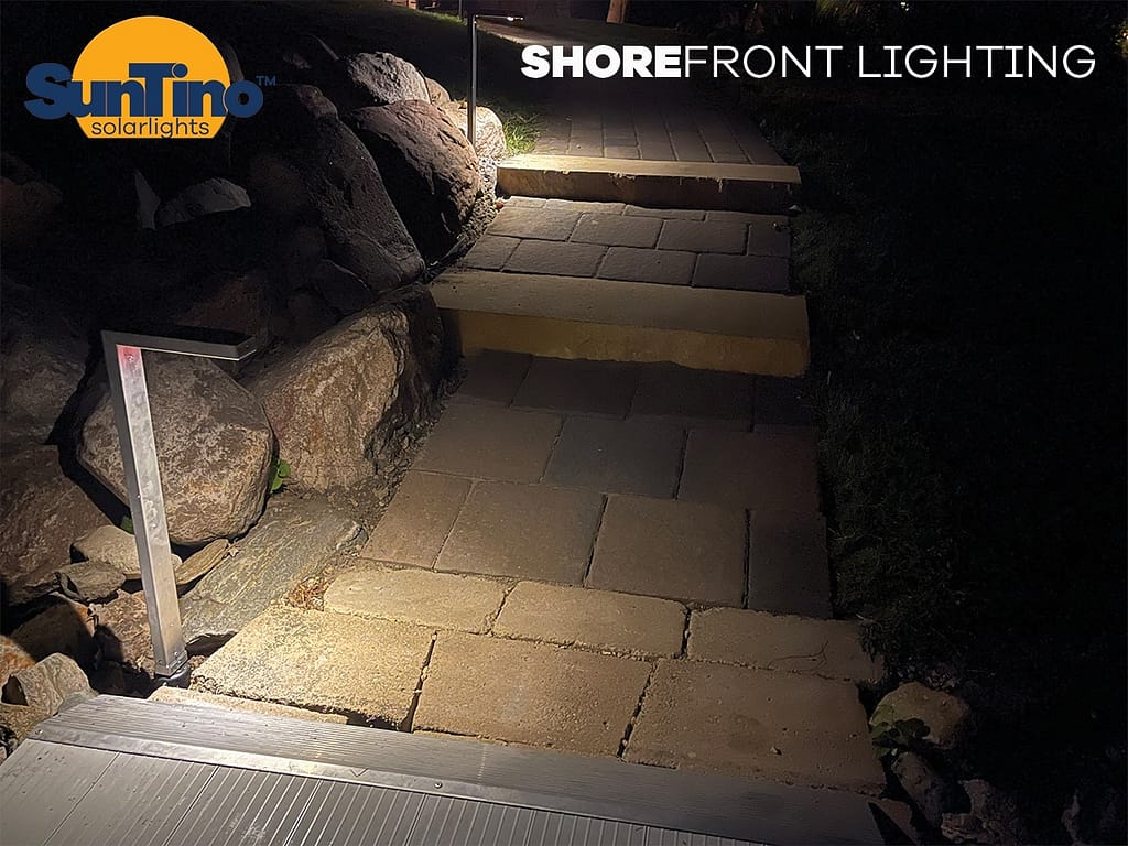 A walkway lit up at night with premium solar lighting.