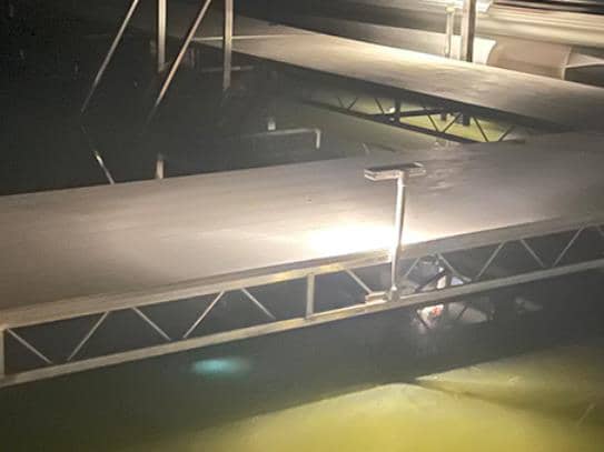 A dock with premium solar lights in the water at night.